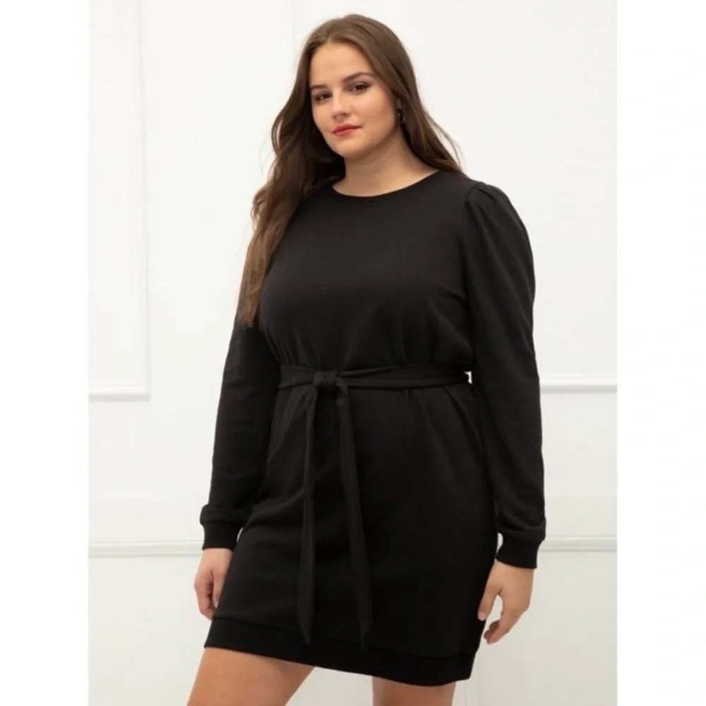 ⛱️ELOQUII Elements - Black Puff Sleeve Belted Sweatshirt Dress - 18